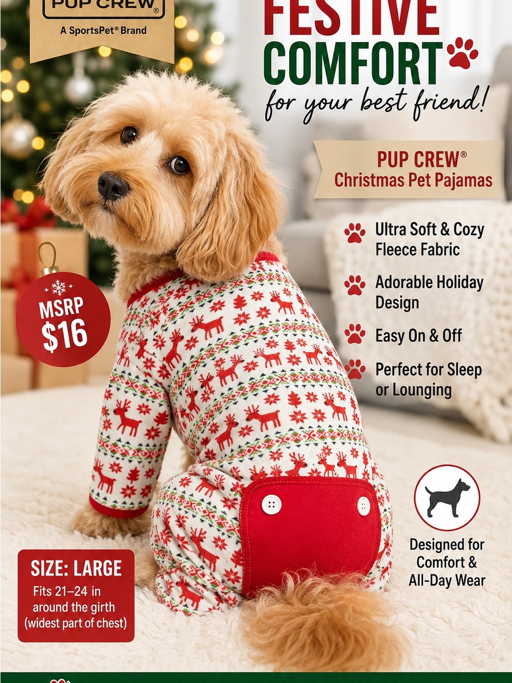 PUP CREW Red Holiday Reindeer Fleece Dog Pajamas